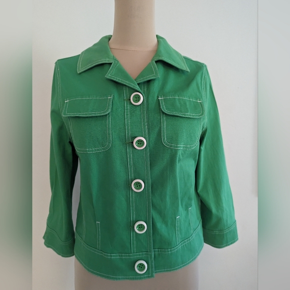 ANN TRINITY vintage green jean jacket size M with white/green oversized buttons - Picture 1 of 9